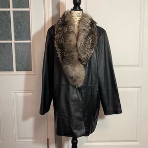 Marvin Richards Vintage Black Lambskin Leather Coat w/ Real Fox Fur Collar 2X H